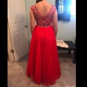 Red, jeweled, tulle dress